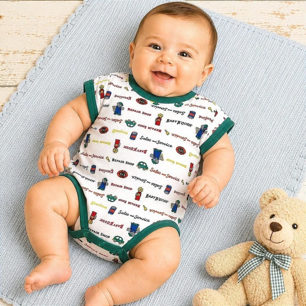 Vintage Baby B'Gosh Repair Shop Car Print Short Sleeve Bodysuit Green 3-6 Months